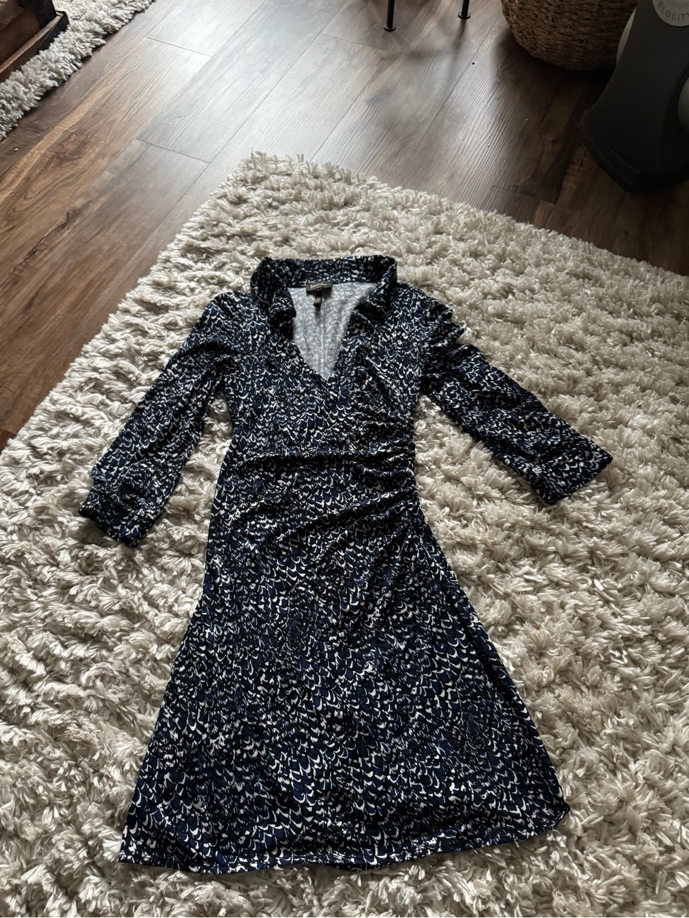 Laundry by Design Navy and White Geometric Printed Midi Office Siren Wrap Dress